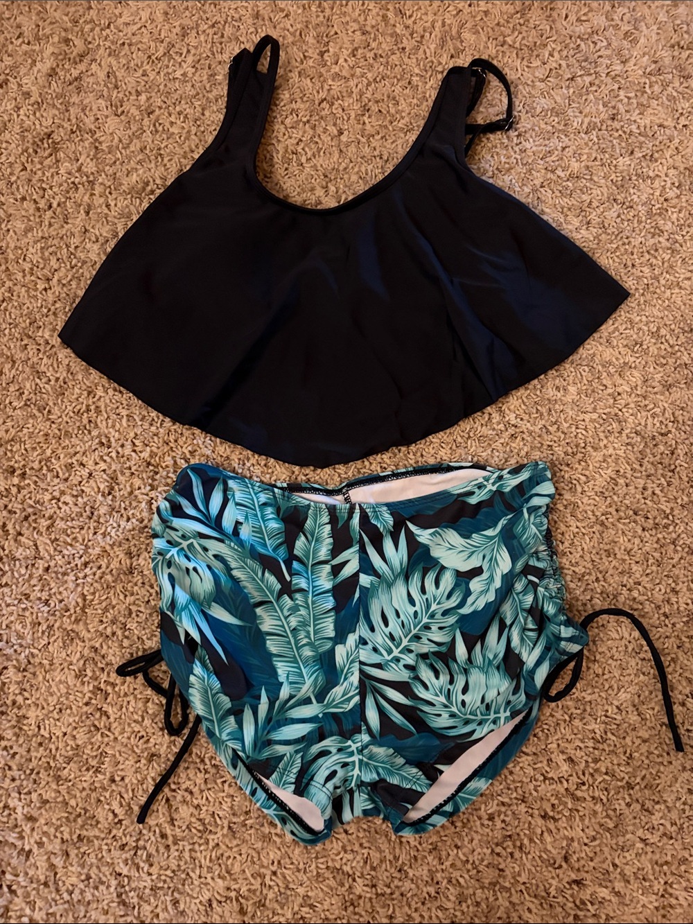 Two-Piece Swim Set — Black Top & Teal Leaf Print Bottoms